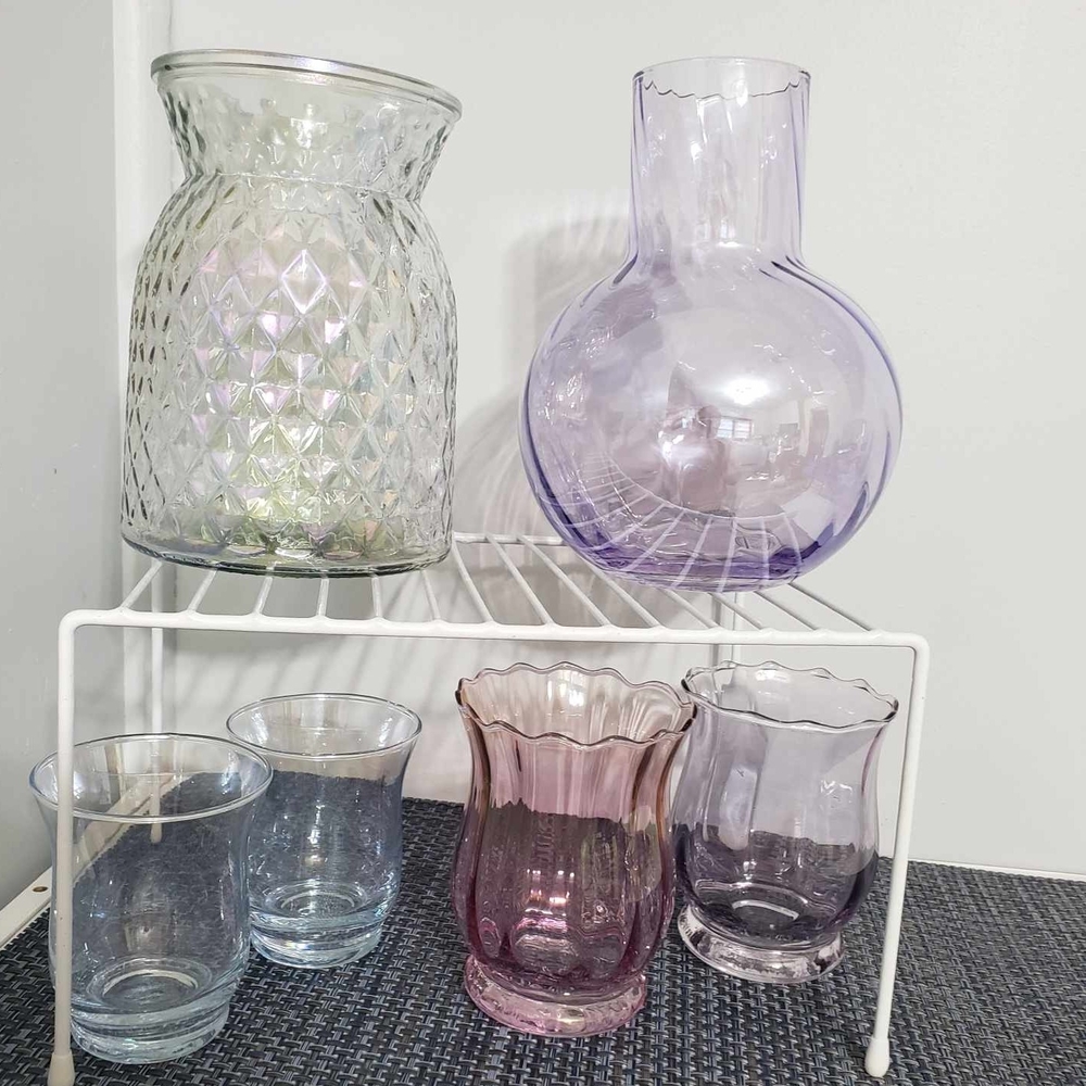 Set of Decorative Glass Vases in Purple, pink, grey iridescent & Clear